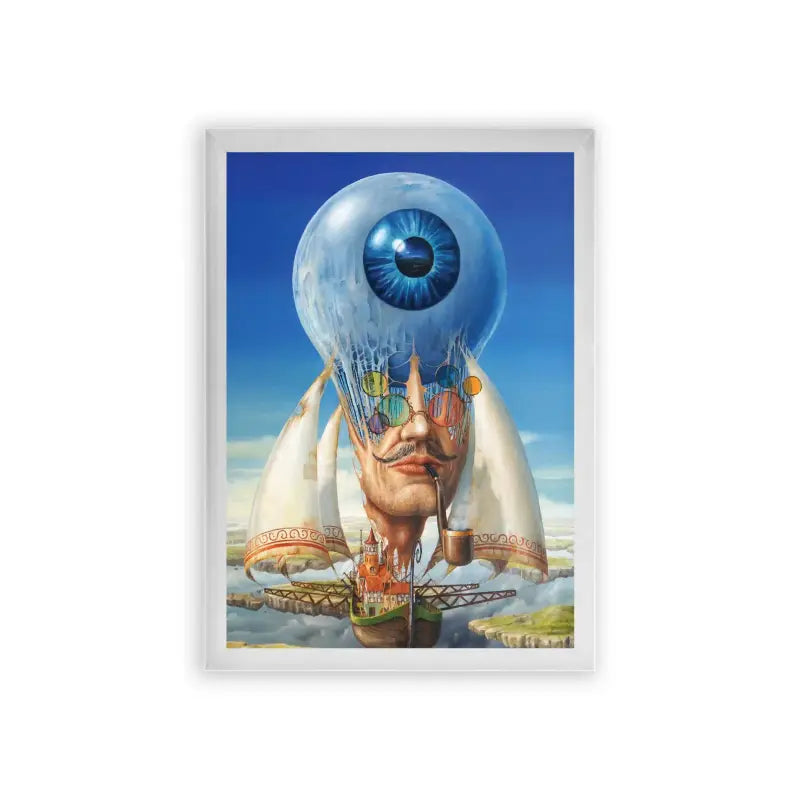 Surreal 'Visionary Horizon' Framed Poster White Premium Wood Surrealistic fusion: an artistic juxtaposition of a human face with elements of an eye and marine life, evoking deep reflection on perception and nature.