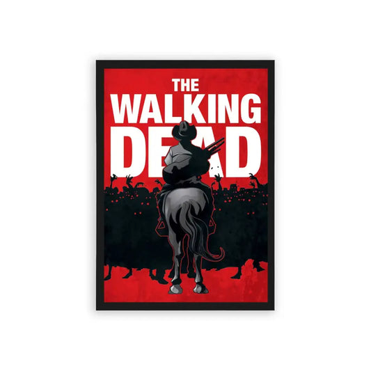 The Walking Dead 'Crimson Surviva' Framed Poster Black Hard Fiber A poster of 'the walking dead' featuring a silhouetted figure on horseback with a weapon, set against a bold red background with dark, ominous details suggesting a post-apocalyptic theme.