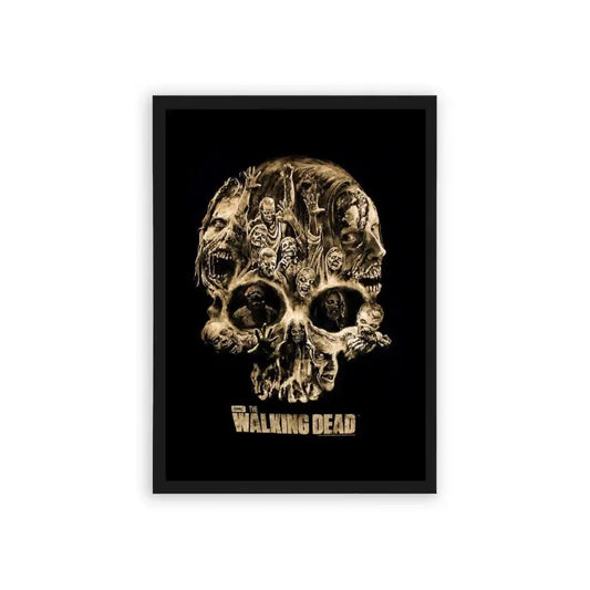 The Walking Dead 'Decay and Despair' Framed Poster Black Hard Fiber A stylized poster featuring a skull composed of various grotesque figures and faces with the title "walking dead" on the bottom, evoking themes of horror and the undead.