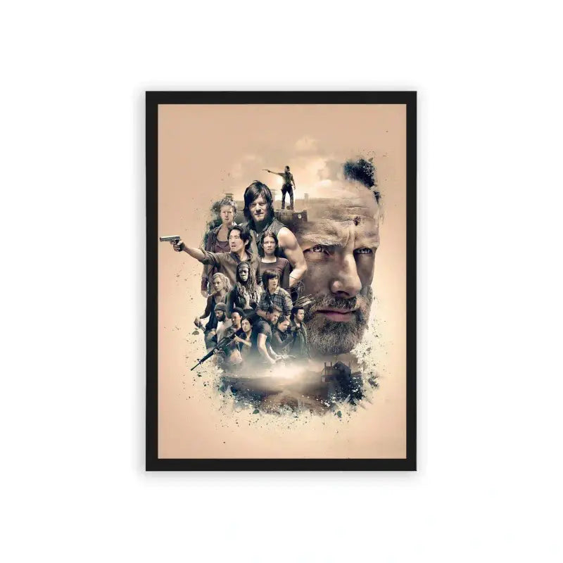 The Walking Dead 'Endure & Survive' Framed Poster Black Hard Fiber A dynamic movie poster featuring a montage of intense and action-ready characters, with a rugged male figure prominently at the forefront, symbolizing leadership and determination.