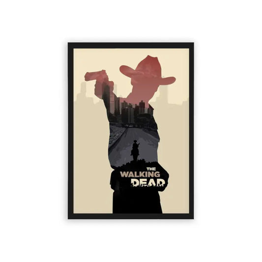 The Walking Dead 'Shadows of Survival' Framed Poster Black Hard Fiber A minimalist poster featuring a silhouette of a cowboy-hatted figure with a cityscape and another character within, representing the theme of the tv series "the walking dead.