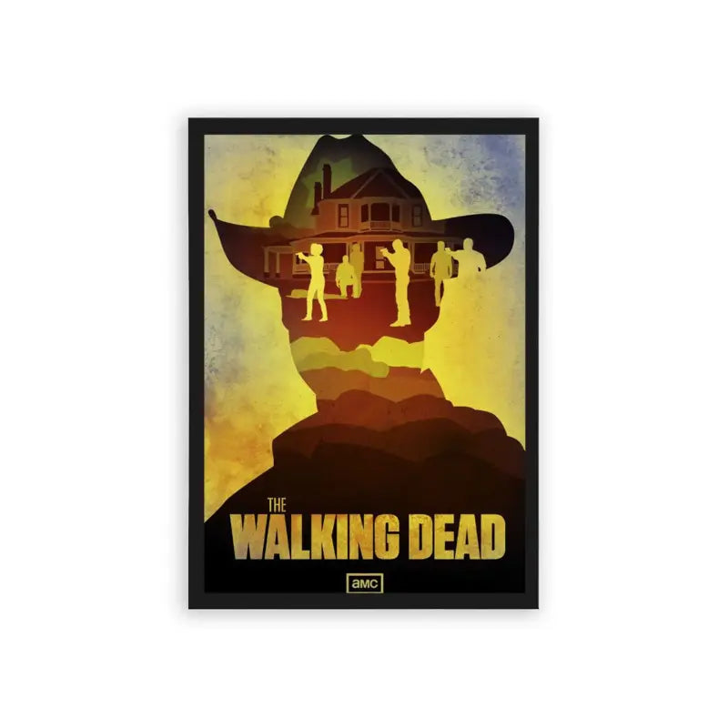 The Walking Dead 'Silhouettes of Survival' Framed Poster Black Hard Fiber Silhouettes of survivors atop a cliff with a haunting house in the background, under the ominous glow of a sunset, showcasing the perilous journey of 'the walking dead' series.