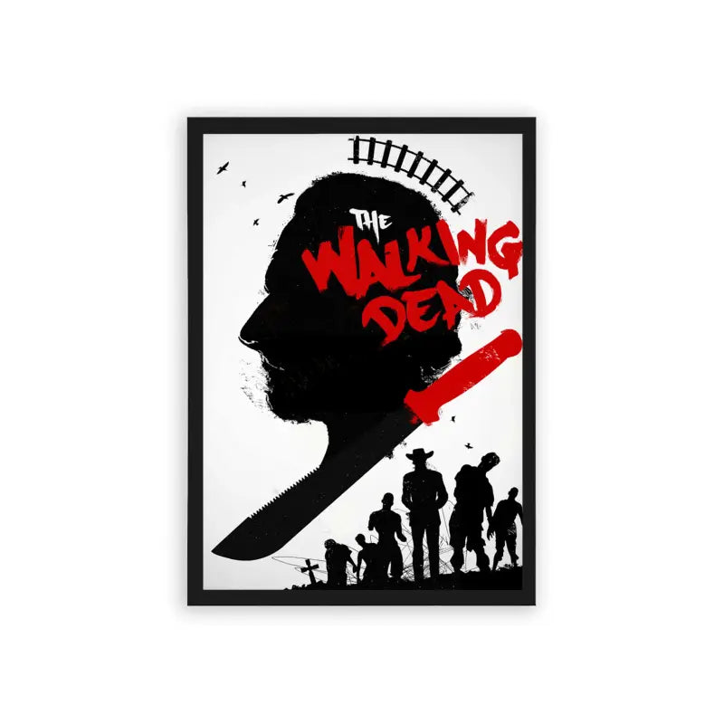 The Walking Dead 'Zombie Outbreak' Framed Poster Black Hard Fiber A stylized poster of "the walking dead" featuring a silhouetted profile with a cityscape atop the head and a group of figures at the bottom, evoking themes of survival and post-apocalyptic adventure.