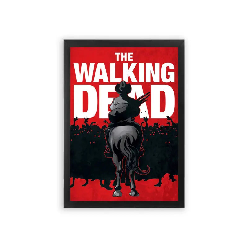 The Walking Dead 'Crimson Surviva' Framed Poster Black Premium Wood A poster of 'the walking dead' featuring a silhouetted figure on horseback with a weapon, set against a bold red background with dark, ominous details suggesting a post-apocalyptic theme.