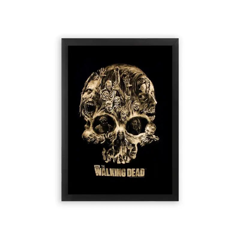 The Walking Dead 'Decay and Despair' Framed Poster Black Premium Wood A stylized poster featuring a skull composed of various grotesque figures and faces with the title "walking dead" on the bottom, evoking themes of horror and the undead.