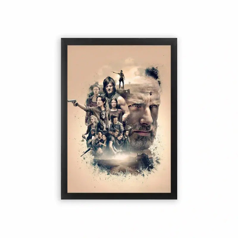 The Walking Dead 'Endure & Survive' Framed Poster Black Premium Wood A dynamic movie poster featuring a montage of intense and action-ready characters, with a rugged male figure prominently at the forefront, symbolizing leadership and determination.