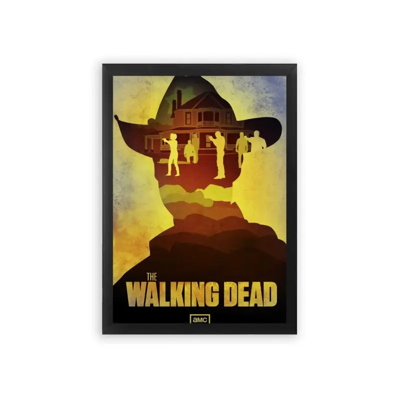 The Walking Dead 'Silhouettes of Survival' Framed Poster Black Premium Wood Silhouettes of survivors atop a cliff with a haunting house in the background, under the ominous glow of a sunset, showcasing the perilous journey of 'the walking dead' series.