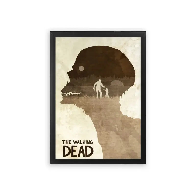 The Walking Dead 'The Shape of Desolation' Framed Poster Black Premium Wood Minimalist poster art of 'the walking dead' featuring a silhouette of a walker with the show's title below and a lone figure standing within.