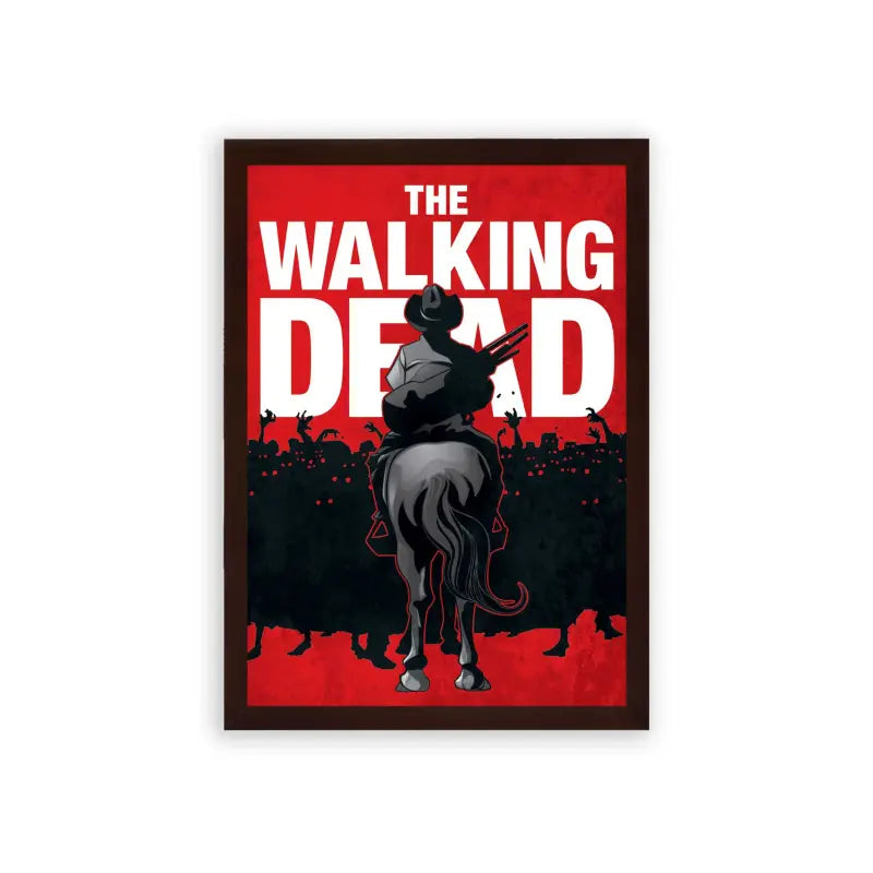 The Walking Dead 'Crimson Surviva' Framed Poster Brown Premium Wood A poster of 'the walking dead' featuring a silhouetted figure on horseback with a weapon, set against a bold red background with dark, ominous details suggesting a post-apocalyptic theme.