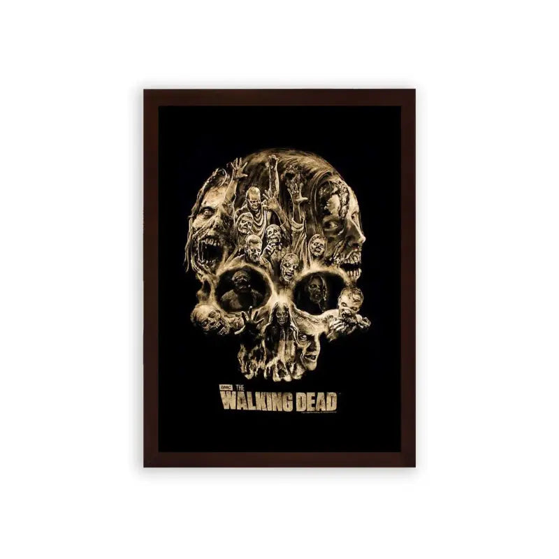 The Walking Dead 'Decay and Despair' Framed Poster Brown Premium Wood A stylized poster featuring a skull composed of various grotesque figures and faces with the title "walking dead" on the bottom, evoking themes of horror and the undead.