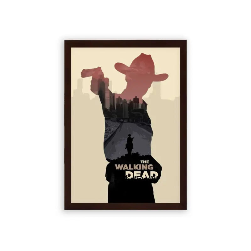 The Walking Dead 'Shadows of Survival' Framed Poster Brown Premium Wood A minimalist poster featuring a silhouette of a cowboy-hatted figure with a cityscape and another character within, representing the theme of the tv series "the walking dead.