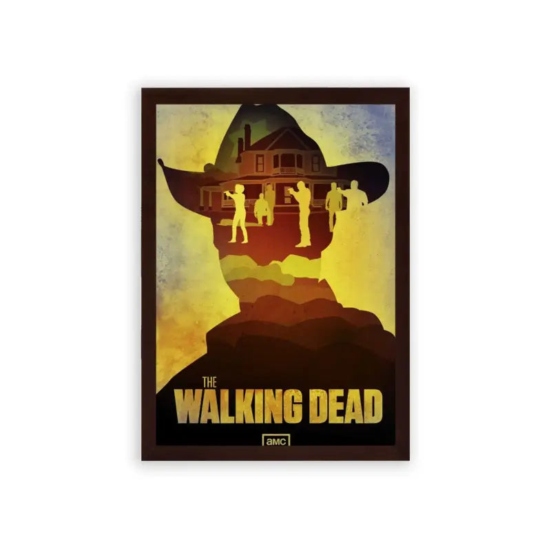 The Walking Dead 'Silhouettes of Survival' Framed Poster Brown Premium Wood Silhouettes of survivors atop a cliff with a haunting house in the background, under the ominous glow of a sunset, showcasing the perilous journey of 'the walking dead' series.