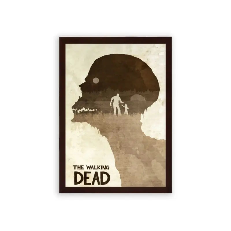 The Walking Dead 'The Shape of Desolation' Framed Poster Brown Premium Wood Minimalist poster art of 'the walking dead' featuring a silhouette of a walker with the show's title below and a lone figure standing within.