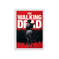 The Walking Dead 'Crimson Surviva' Framed Poster White Hard Fiber A poster of 'the walking dead' featuring a silhouetted figure on horseback with a weapon, set against a bold red background with dark, ominous details suggesting a post-apocalyptic theme.