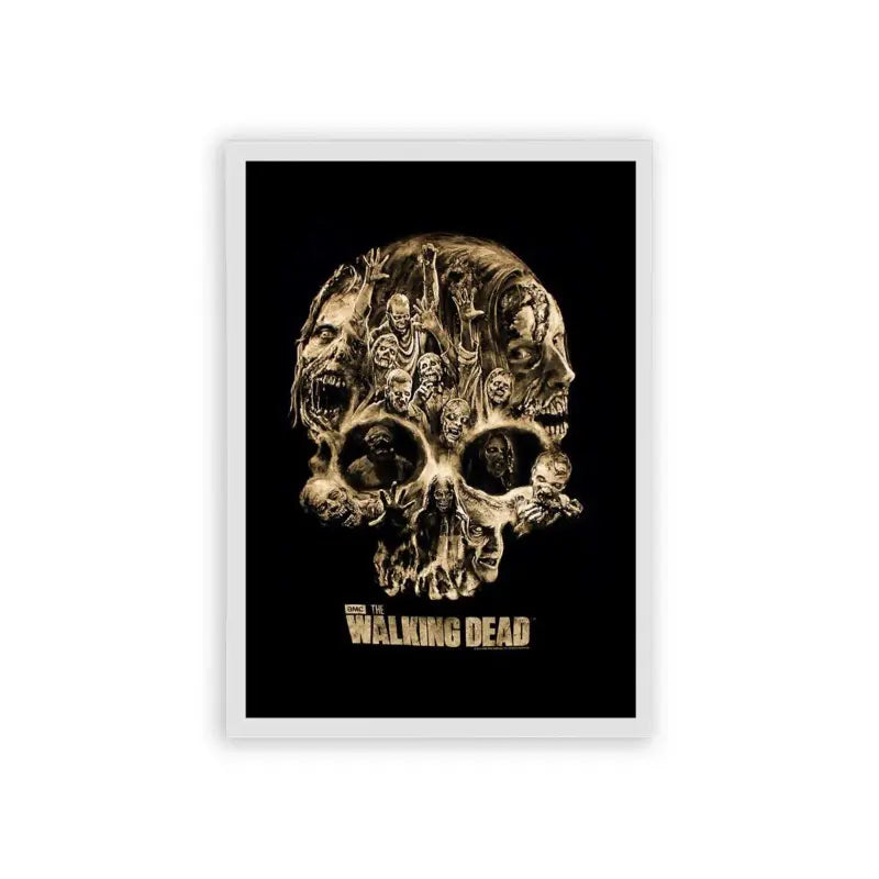 The Walking Dead 'Decay and Despair' Framed Poster White Hard Fiber A stylized poster featuring a skull composed of various grotesque figures and faces with the title "walking dead" on the bottom, evoking themes of horror and the undead.