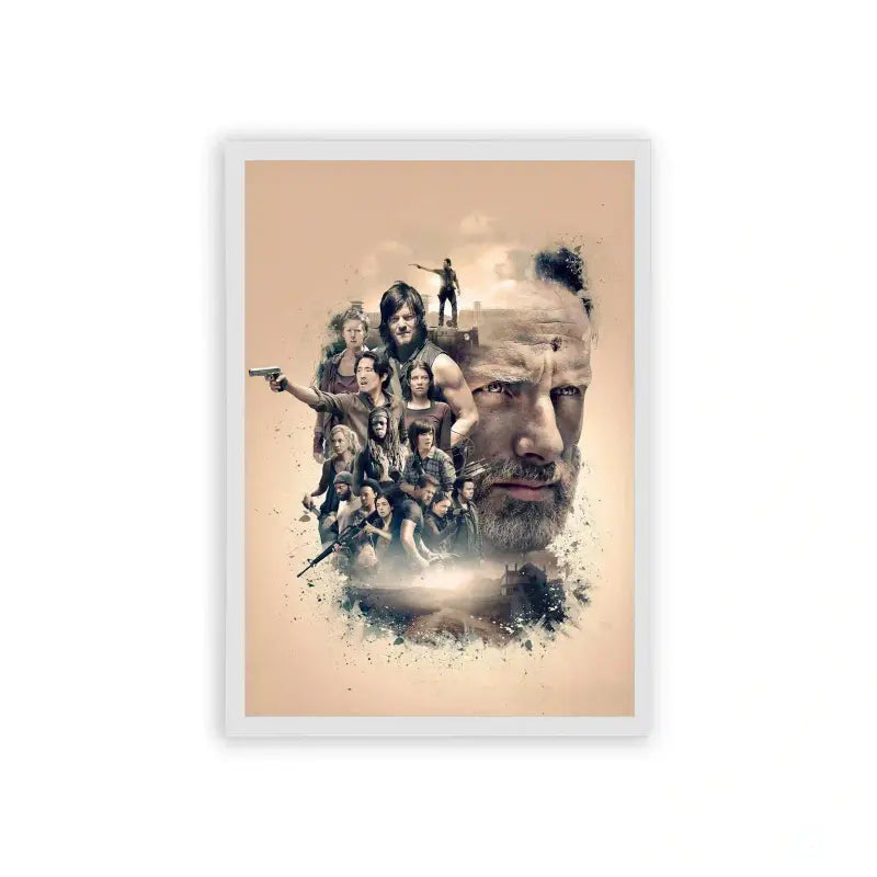 The Walking Dead 'Endure & Survive' Framed Poster White Hard Fiber A dynamic movie poster featuring a montage of intense and action-ready characters, with a rugged male figure prominently at the forefront, symbolizing leadership and determination.