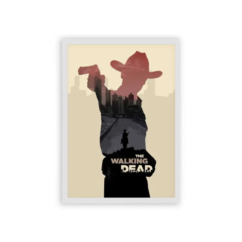 The Walking Dead 'Shadows of Survival' Framed Poster White Hard Fiber A minimalist poster featuring a silhouette of a cowboy-hatted figure with a cityscape and another character within, representing the theme of the tv series "the walking dead.