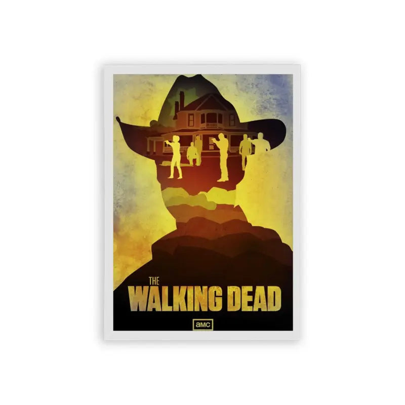 The Walking Dead 'Silhouettes of Survival' Framed Poster White Hard Fiber Silhouettes of survivors atop a cliff with a haunting house in the background, under the ominous glow of a sunset, showcasing the perilous journey of 'the walking dead' series.