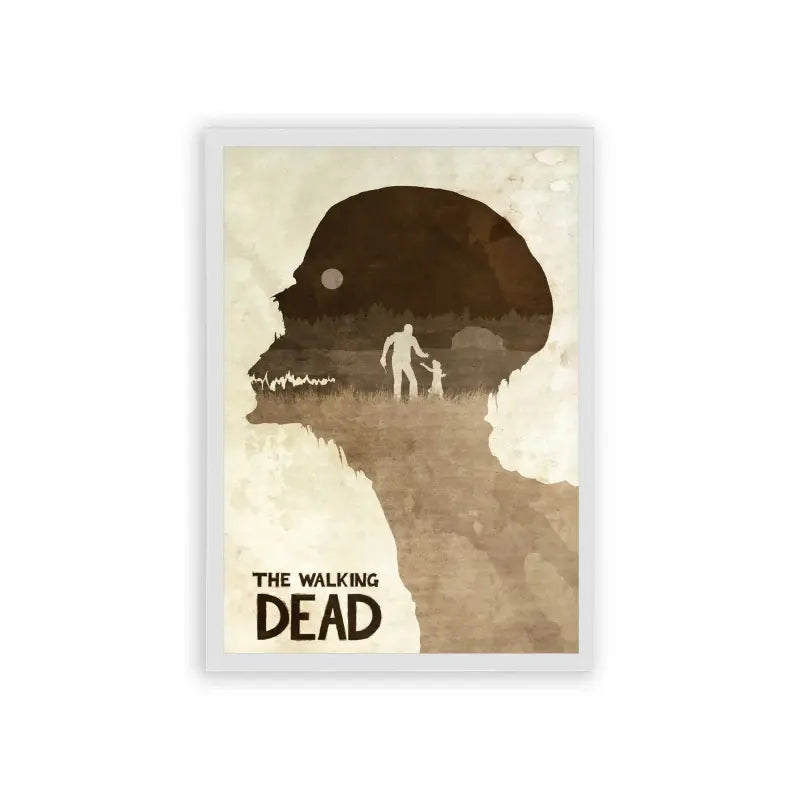 The Walking Dead 'The Shape of Desolation' Framed Poster White Hard Fiber Minimalist poster art of 'the walking dead' featuring a silhouette of a walker with the show's title below and a lone figure standing within.