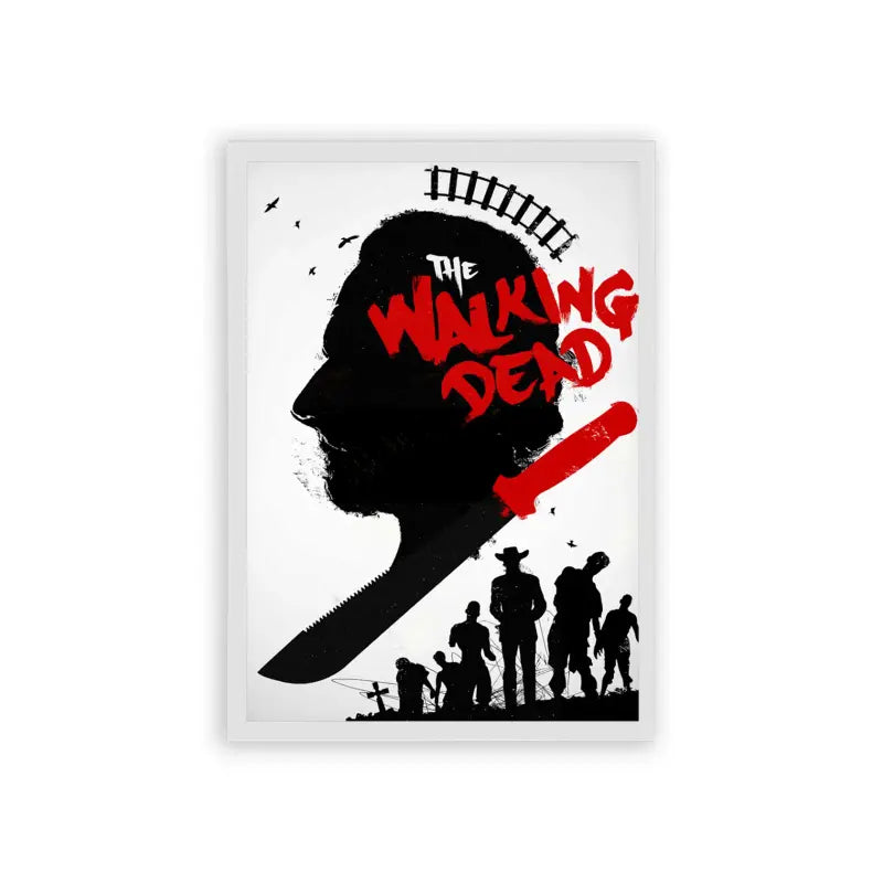 The Walking Dead 'Zombie Outbreak' Framed Poster White Hard Fiber A stylized poster of "the walking dead" featuring a silhouetted profile with a cityscape atop the head and a group of figures at the bottom, evoking themes of survival and post-apocalyptic adventure.