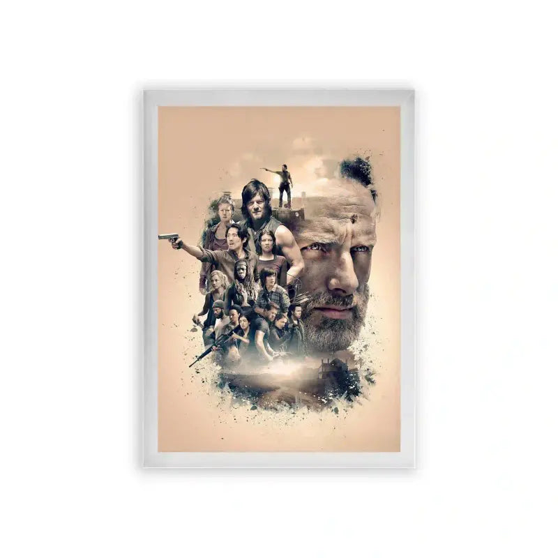 The Walking Dead 'Endure & Survive' Framed Poster White Premium Wood A dynamic movie poster featuring a montage of intense and action-ready characters, with a rugged male figure prominently at the forefront, symbolizing leadership and determination.