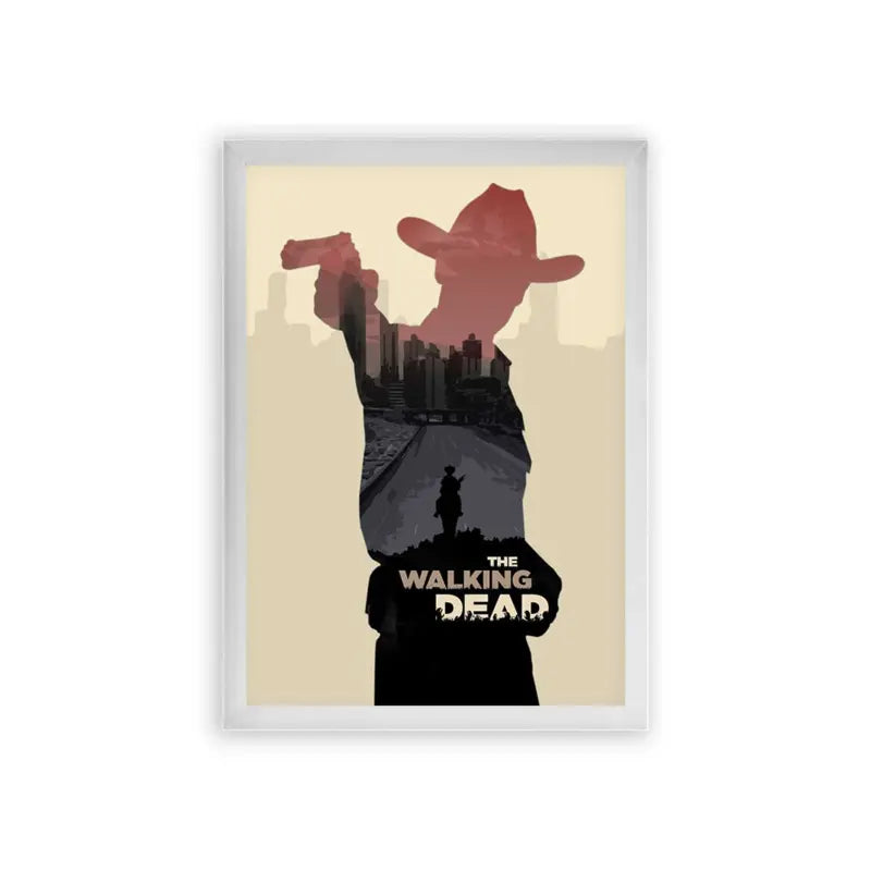 The Walking Dead 'Shadows of Survival' Framed Poster White Premium Wood A minimalist poster featuring a silhouette of a cowboy-hatted figure with a cityscape and another character within, representing the theme of the tv series "the walking dead.