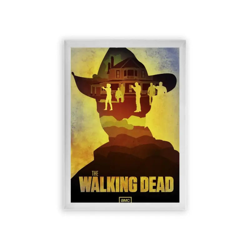 The Walking Dead 'Silhouettes of Survival' Framed Poster White Premium Wood Silhouettes of survivors atop a cliff with a haunting house in the background, under the ominous glow of a sunset, showcasing the perilous journey of 'the walking dead' series.