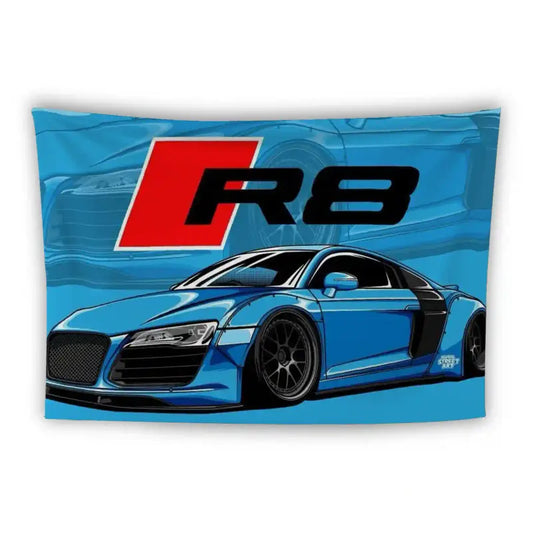 A blue sports car graphic with the text "R8" prominently displayed above it on a blue background. The car features black wheels and accents.