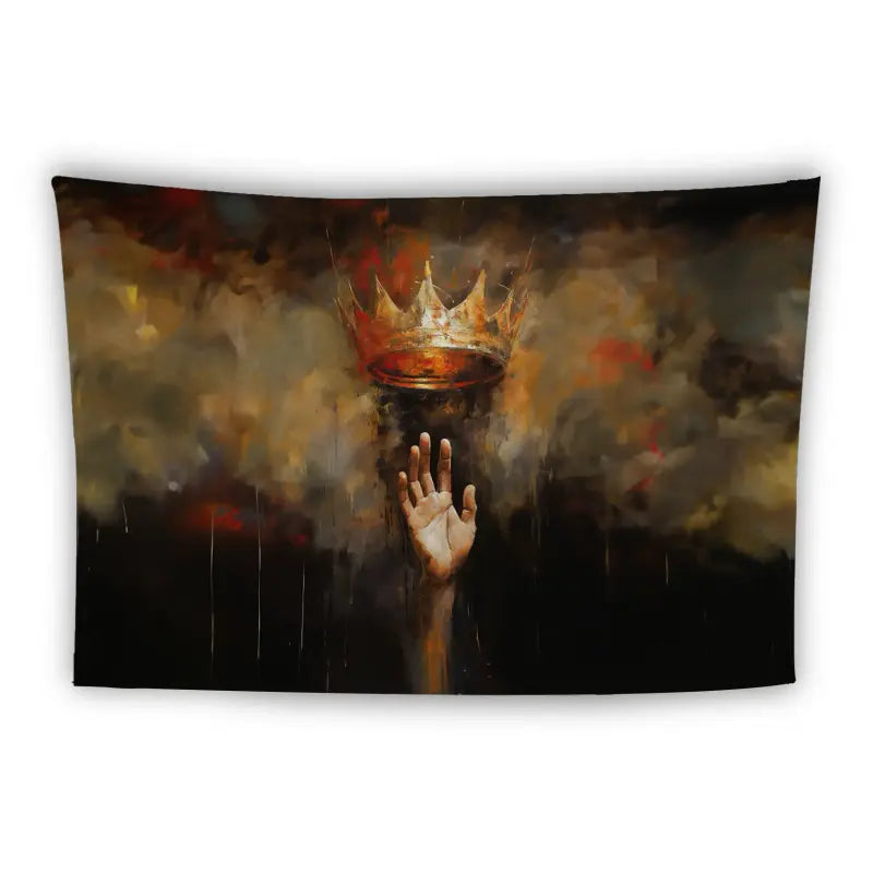 A painting depicts an outstretched hand reaching up towards a floating, glowing crown amid a dark and smoky background. The crown is illuminated, contrasting with the shadowy, cloud-like surroundings, creating a striking and dramatic visual.