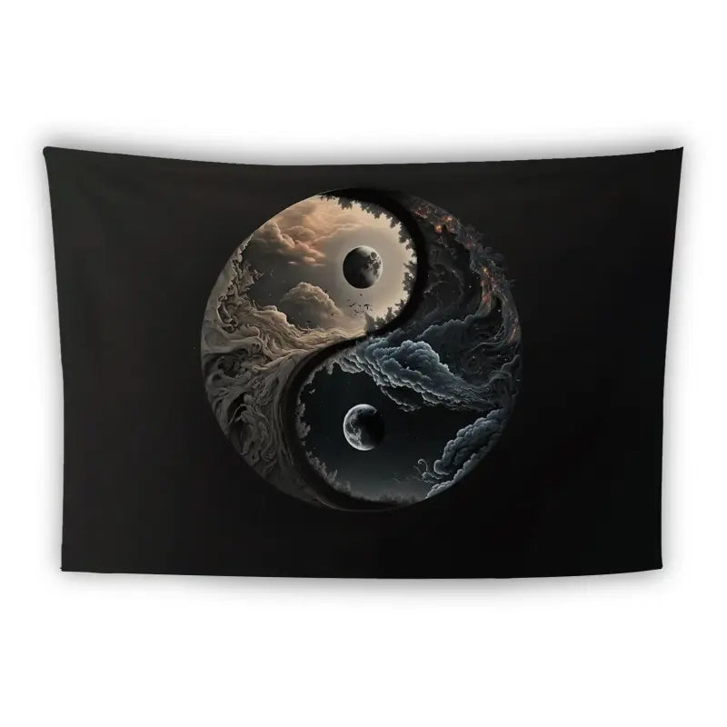 A tapestry depicting a yin-yang symbol with intricate designs. The light half features swirling clouds and a bright moon, while the dark half shows stormy clouds and a darker moon. The background is black, accentuating the contrasting elements within the symbol.