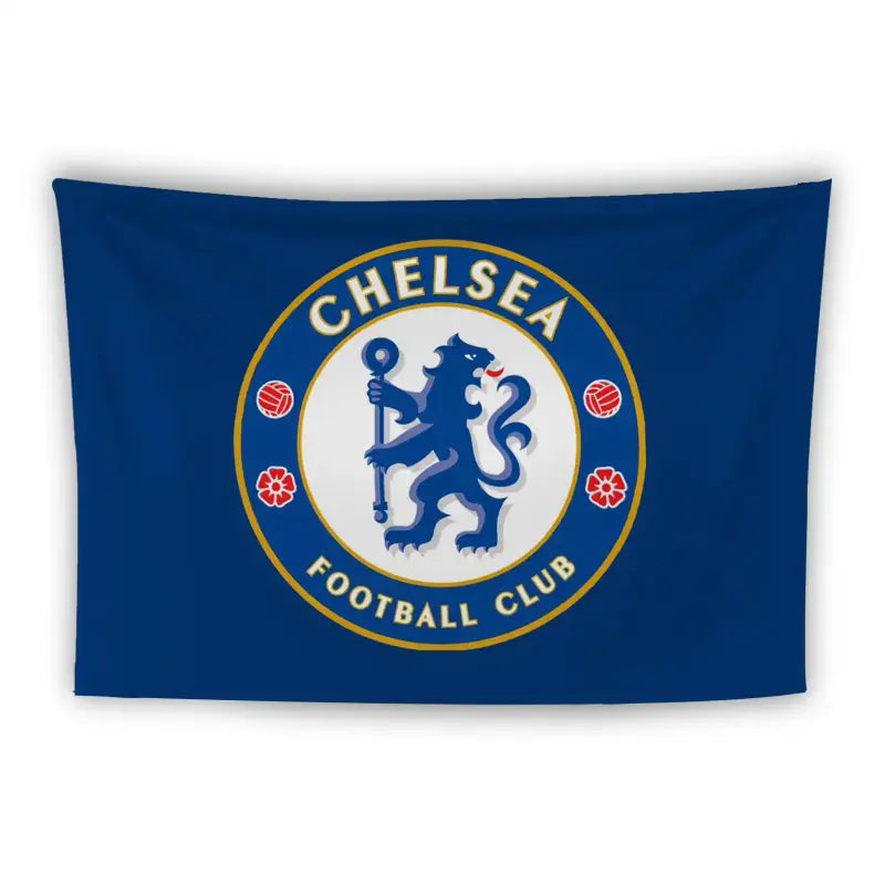 A blue flag featuring the Chelsea Football Club logo. The logo consists of a blue lion holding a staff, encircled by the text "CHELSEA FOOTBALL CLUB" in yellow. Four red roses and two footballs are also part of the circular emblem.