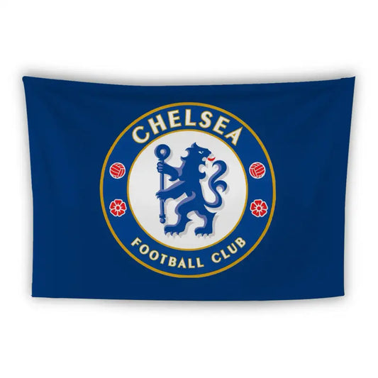 A blue flag featuring the Chelsea Football Club logo. The logo consists of a blue lion holding a staff, encircled by the text "CHELSEA FOOTBALL CLUB" in yellow. Four red roses and two footballs are also part of the circular emblem.