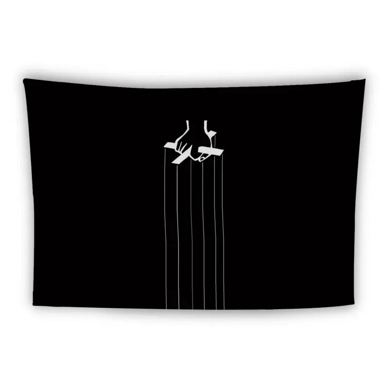 A black rectangular artwork featuring minimalist white line art of two hands holding onto each other at the top center. Five thin, vertical lines extend downward from the hands, resembling marionette strings.