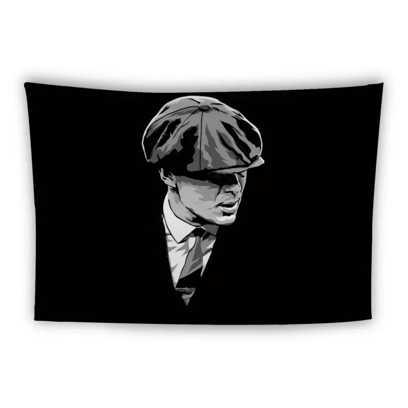 Stylized image of a man in a flat cap, suit, and tie set against a black background. The man's face is partially obscured by the cap's shadow, creating a mysterious and dramatic effect.