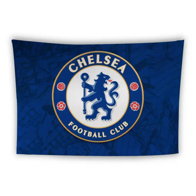 A blue flag featuring the emblem of Chelsea Football Club. The emblem includes a blue lion facing left while holding a staff, surrounded by a circular border with the words "Chelsea Football Club" and decorated with two red footballs and two red roses.