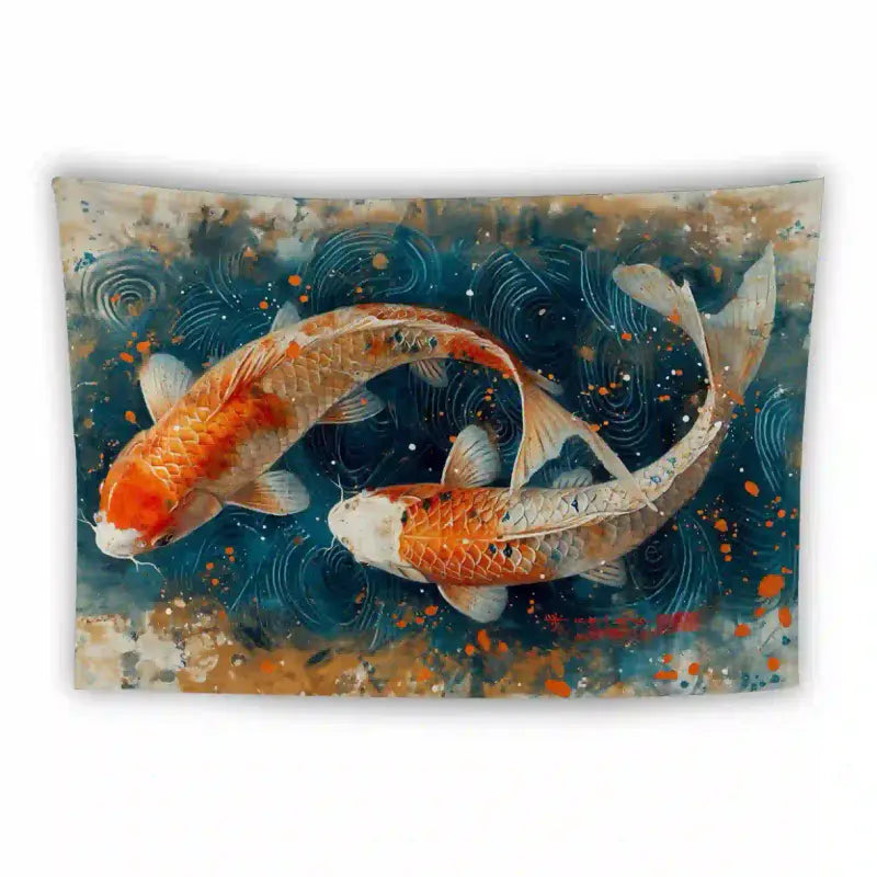 A decorative tapestry featuring two koi fish swimming in a circular pattern against a textured blue background. The koi display vibrant orange, white, and black hues. The backdrop includes subtle swirling patterns and splatters of orange and brown.