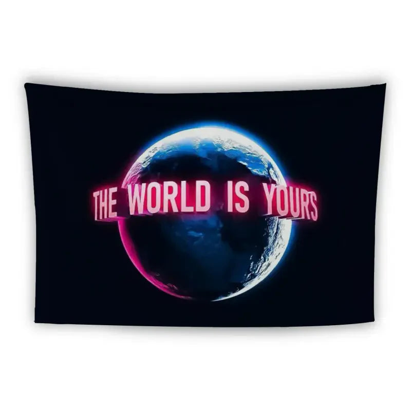 A dark image shows a brightly lit Earth from space with the words "THE WORLD IS YOURS" in bold, glowing red and white letters wrapped around the planet's equator. The background is a solid black, emphasizing the illuminated text and Earth.