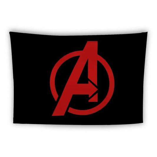 A black flag with a large, red Avengers logo at the center. The logo consists of a stylized capital "A" within a circle, with a rightward arrow segment extending from the middle of the "A".