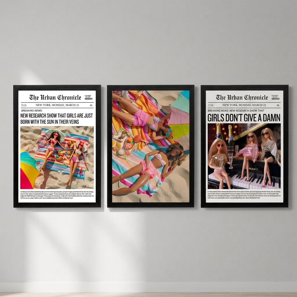 Barbie Summer 3-piece framed poster set with Beach Day Dolls, Girls Are Just Born and Girls Don't Give A Damn hung as a gallery wall