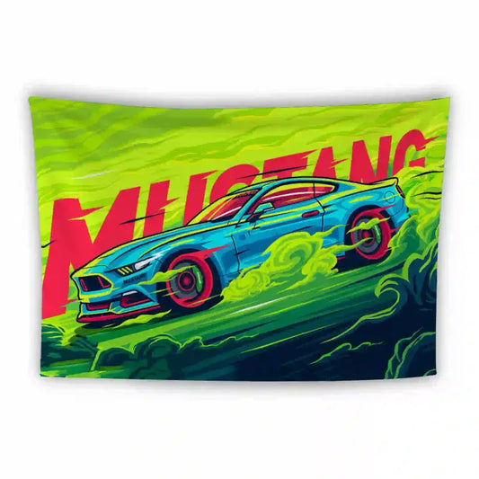 An artistic tapestry features a stylized blue sports car with neon pink and green accents speeding against a vibrant green and yellow background. The word "MUSTANG" is prominently displayed in bold red letters behind the car.