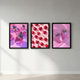 Berry Pop 3-piece framed poster set with Cherry Heart Pop, Pink Disco Strawberries and Pink Strawberry Glow hung as a gallery wall