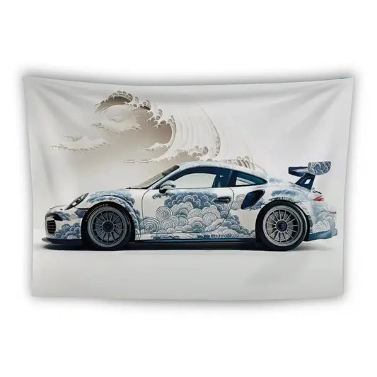 A white sports car with intricate blue wave patterns inspired by Japanese art is depicted against a simple white backdrop. The car is showcased in a side view, featuring a rear wing and dark alloy wheels. The backdrop features a matching wave design to complement the car.