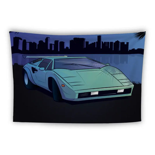 A retro-styled illustration of a sleek, futuristic car parked near a body of water at night. The city skyline is visible in the background, with silhouetted buildings against a dark, cloudy sky. The car's headlights are off, and the surrounding area has a moody atmosphere.