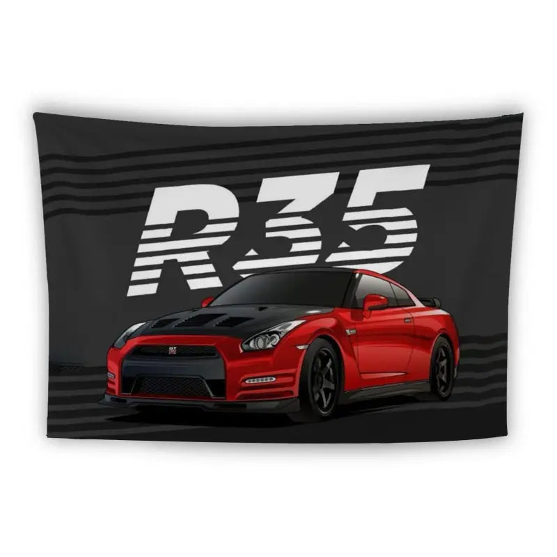 A black and white striped background features a red sports car prominently in the foreground. Above the car, "R35" is written in large, bold letters. The car has a sleek, modern design, suggesting speed and performance.