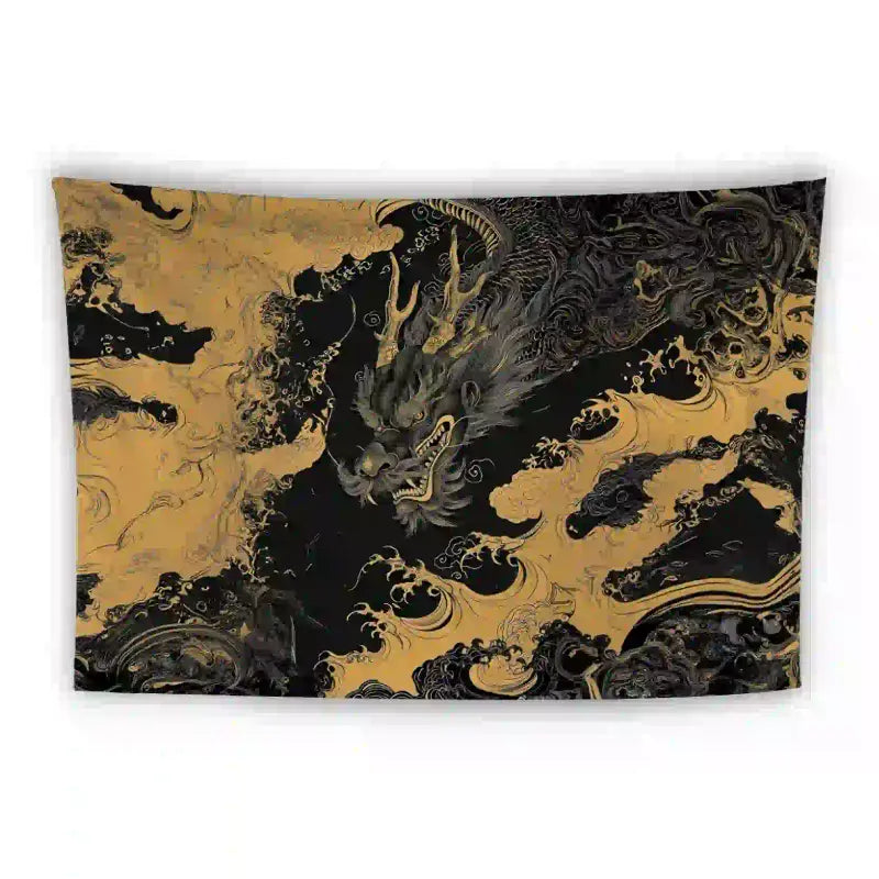 A black tapestry features a detailed, swirling design of a dragon in shades of gold. The dragon's head is prominently visible in the center, with intricate patterns and clouds surrounding it, giving a dynamic and mystical feel to the artwork.