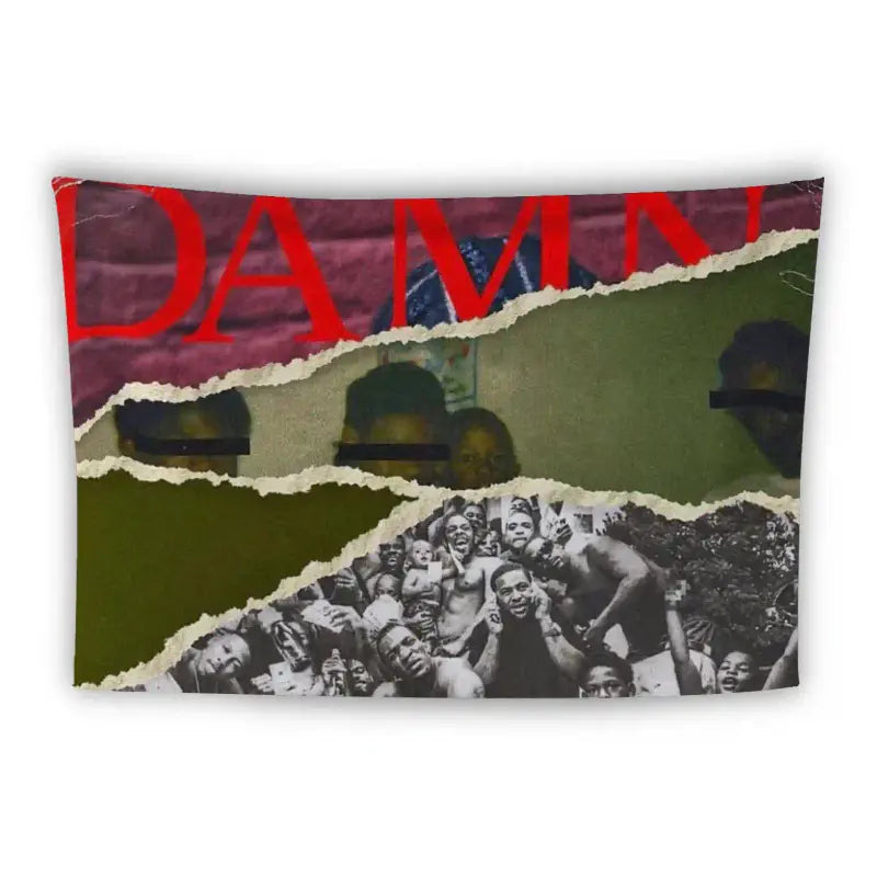 A tapestry features an abstract collage design with layered, torn paper effects. The top portion is red with partially visible text "DAMN," the middle is green with hidden faces, and the bottom showcases a high-energy crowd of people in black and white.