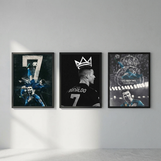 Cristiano Ronaldo 3-piece framed poster set with Bicycle Shot, Crown of the Greatest and Fall Seven Times hung as a gallery wall