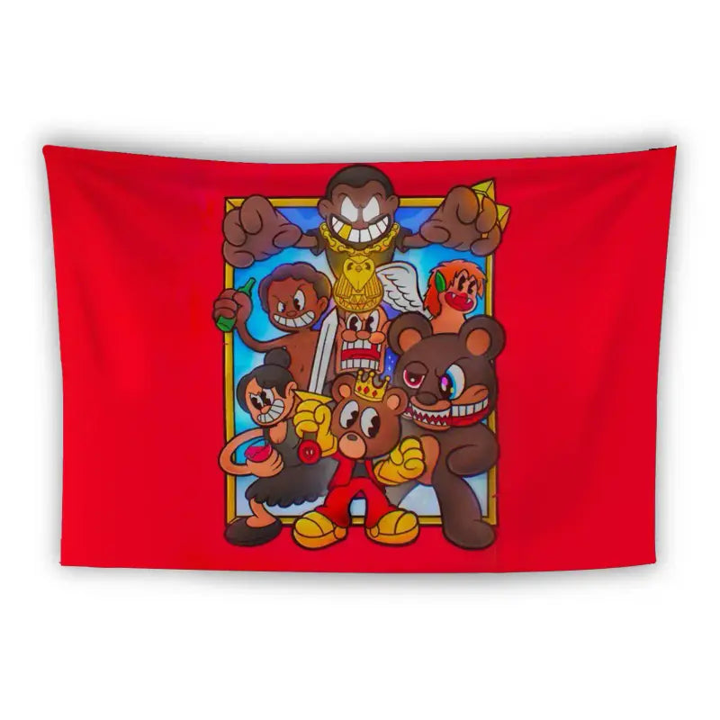 A vibrant red tapestry featuring six cartoonish bears with exaggerated expressions. One bear, wearing a cape and crown, stands in the center, surrounded by five others with varying poses and playful, fierce looks, creating a dynamic, energetic scene.