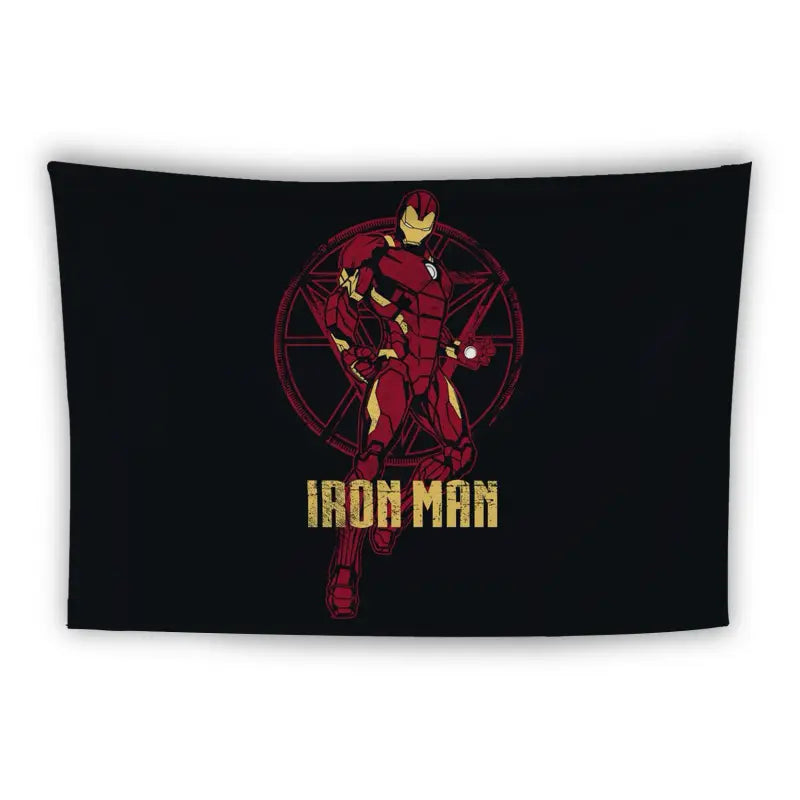 A black rectangular banner features a graphic of Iron Man in his red and gold armor, with a detailed circular emblem in the background. The text "Iron Man" is displayed below the graphic in bold, textured gold letters.