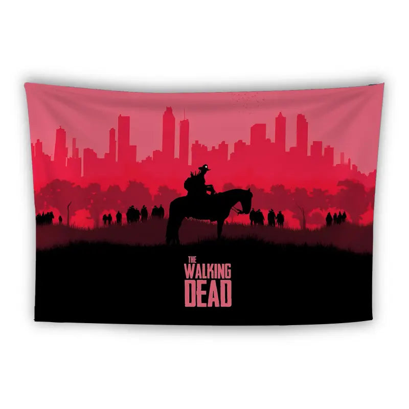 A tapestry features a silhouette scene from "The Walking Dead." A person on horseback rides toward a city skyline under a red and black sky, surrounded by the silhouettes of zombies. The series title, "The Walking Dead," is prominently displayed at the bottom.